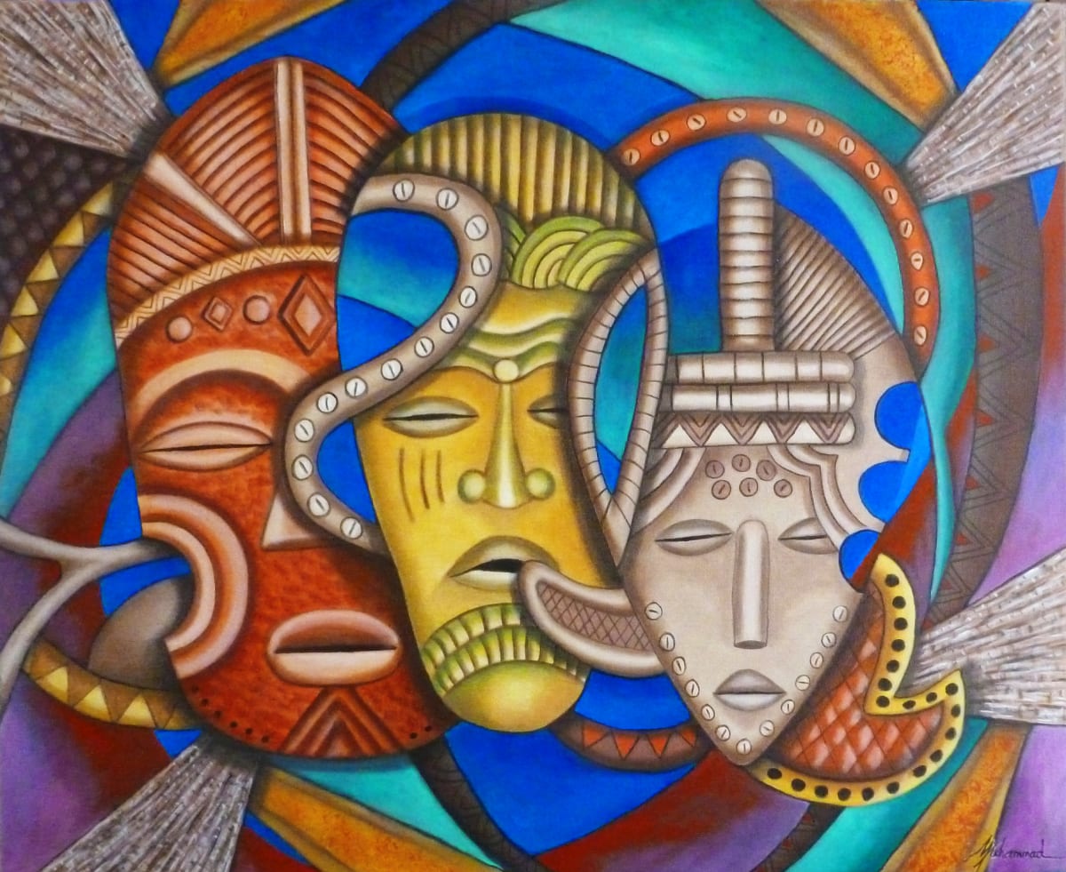 Maruvian Female Society Masks by Marcella Hayes Muhammad  Image: Marcella Hayes Muhammad's artwork showcases her unique Plasticism style, transforming ancient African masks into abstract representations that reflect their historical significance in societal rites of passage for young women. These masks, integral to cultural ceremonies akin to modern cotillions, are set against a backdrop rich in cultural elements, enhancing the visual narrative and connecting the past with contemporary themes.
This image is licensed with SunsOut Jigsaw Puzzles.