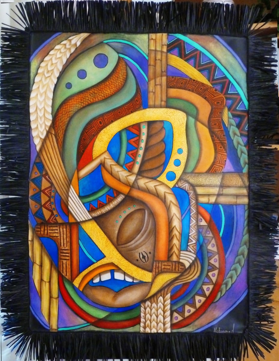 Maruvian Harvest Mask by Marcella Hayes Muhammad  Image: Experience the thought-provoking artistry of Marcella Hayes Muhammad's Plasticism, a unique abstraction that merges cultural influences with pressing global issues. This piece, part of her conservation series, draws inspiration from a mask from India and reflects the urgent themes of global warming and food scarcity, symbolized by the surrounding vegetation.
Originally exhibited in India from 2020 to 2021, this painting faced challenges during the pandemic, highlighting the resilience of art in difficult times. In 2024, it underwent a transformation with a vibrant background and a raffia fringe, enhancing its visual impact and contemporary relevance.
This artwork not only captivates the eye but also serves as a poignant reminder of the need for global solidarity in addressing food distribution and environmental concerns.