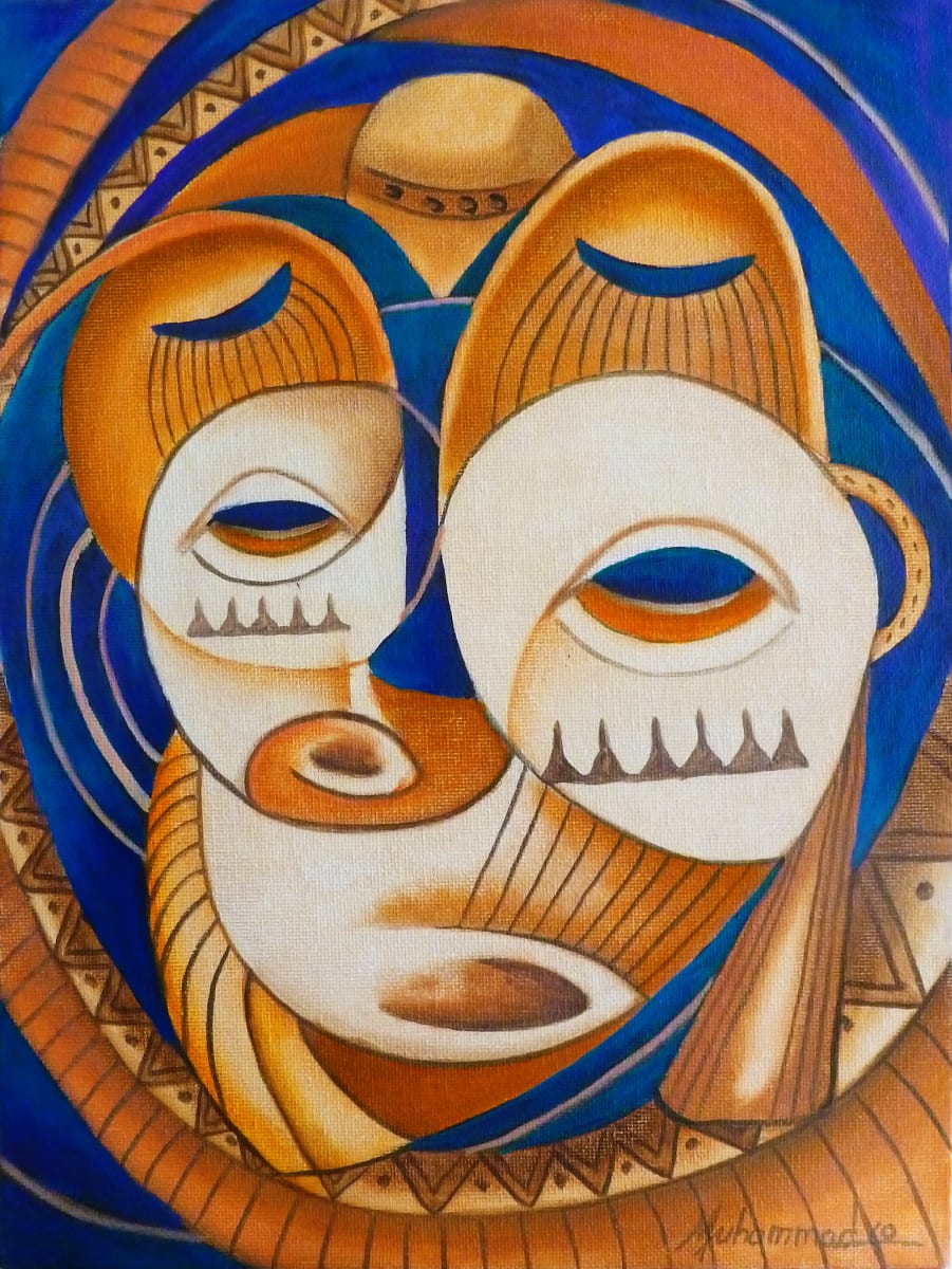 Maruvian Helmet Mask by Marcella Hayes Muhammad  Image: This captivating painting by Marcella Hayes Muhammad draws inspiration from the legendary mud masks of Papua New Guinea, symbolizing the resilience of villagers who evaded an attack by concealing themselves in a river. Emerging covered in white mud, they were perceived as vengeful spirits, leading to the establishment of this powerful tradition. Muhammad's unique artistic approach, known as Plasticism, infuses the artwork with a distinctive abstract style, making it a striking addition to her series of Maruvian masks.