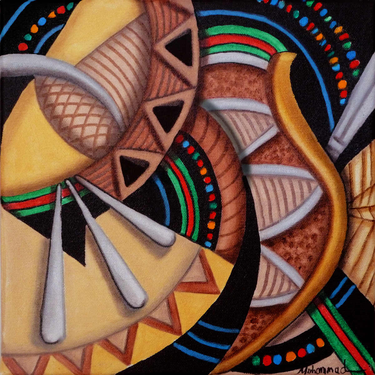 Maruvian Kalimba Mask by Marcella Hayes Muhammad  Image: Discover the captivating allure of Marcella Hayes Muhammad's abstract painting, a striking oil on canvas piece that seamlessly blends modern artistry with cultural heritage. Part of her exclusive Mask collection, this artwork reinterprets the ancient Alaskan Inuit Mask with a Kalimba instrument through her unique Plasticism style, featuring a bold collection and dynamic movement that draws the eye. The thoughtful integration of cultural elements not only enhances the visual impact but also invites viewers to explore the rich narrative behind the piece, making it a perfect addition to any art lover's collection.