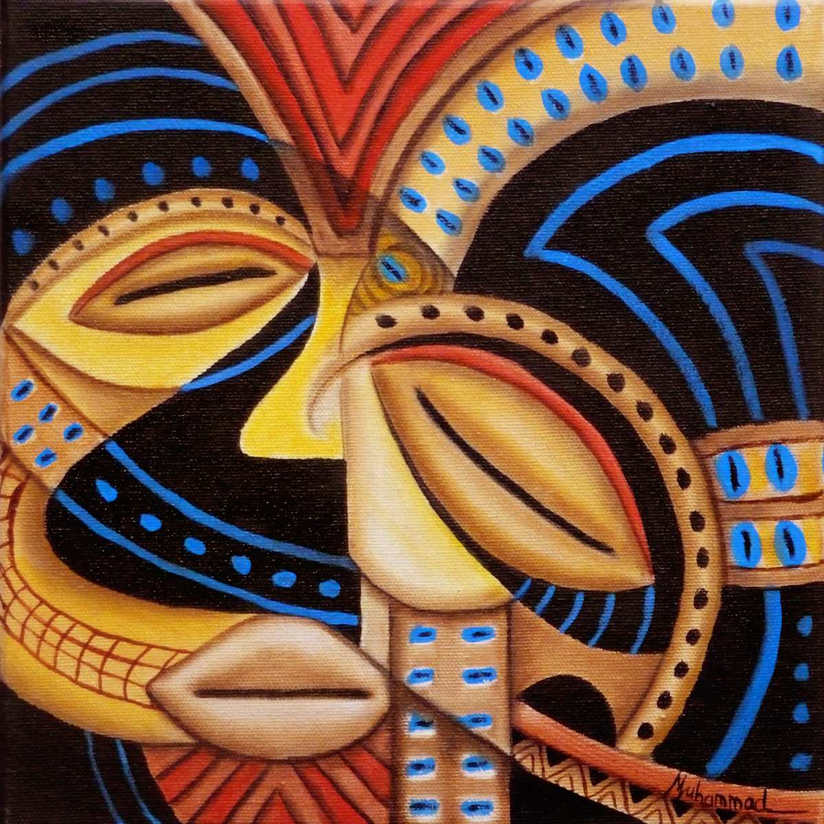 Maruvian Kuyu Mask by Marcella Hayes Muhammad  Image: Discover the captivating allure of Marcella Hayes Muhammad's abstract painting, a striking oil on canvas piece that seamlessly blends modern artistry with cultural heritage. Part of her exclusive Mask collection, this artwork reinterprets the ancient African Kuyu Mask through her unique Plasticism style, featuring a bold face and a dynamic circle that draws the eye. The thoughtful integration of cultural elements not only enhances the visual impact but also invites viewers to explore the rich narrative behind the piece, making it a perfect addition to any art lover's collection.