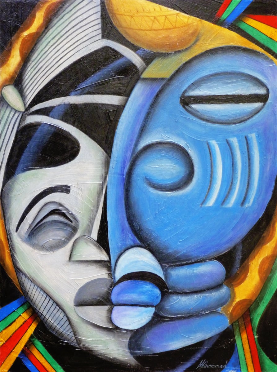 Maruvian Moody Blues by Marcella Hayes Muhammad  Image: This original painting was created during a very low time in my life and the colors reflect the blue mood of that time. I was still focused on abstracting masks and these two royalty masks from Africa stood out with their expression of firmness and at the same time, a certain sadness. 