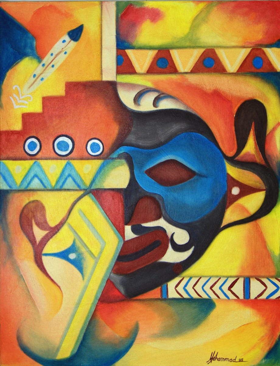 Maruvian Native American Mask 2 by Marcella Hayes Muhammad  Image: The inspiration for this mask is from the Native American Shaman's Ceremonial mask from the Pacific Northwest. I used my signature style of Plasticism to abstract this mask. I have included elements of Native American designs for added interest.