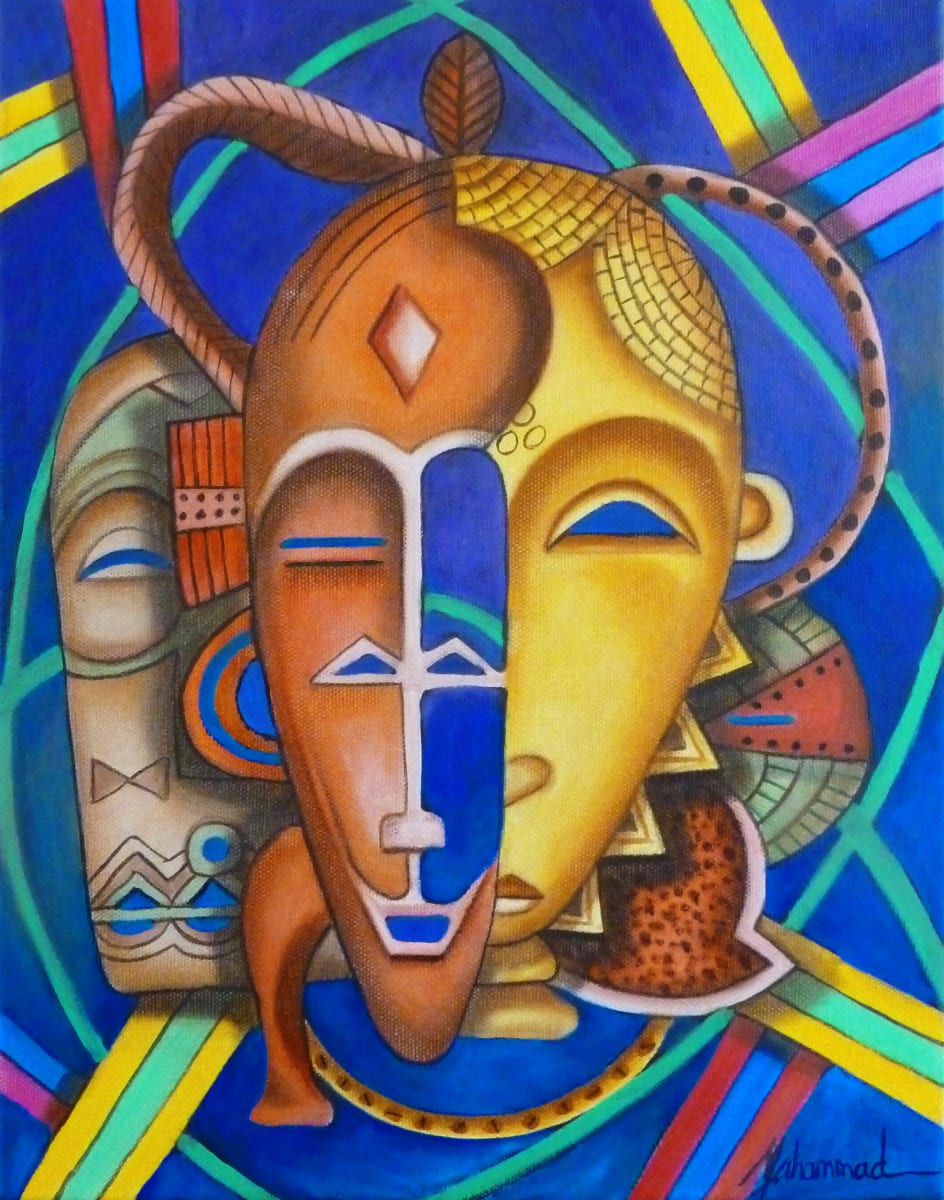 Maruvian Party Masks by Marcella Hayes Muhammad  Image: This vibrant painting by Marcella Hayes Muhammad features four distinct African masks, each symbolizing storytelling, joy, and communal celebration. Utilizing the unique abstraction style known as Plasticism, the artwork encapsulates a lively and colorful essence, inviting viewers to experience the rich cultural narratives and festive spirit inherent in these traditional artifacts.