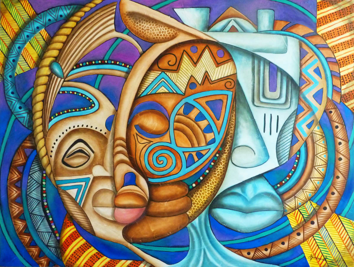 Maruvian Royalty Masks by Marcella Hayes Muhammad  Image: This captivating painting by Marcella Hayes Muhammad showcases royalty masks from India, Bali, and Africa, masterfully abstracted in her distinctive Plasticism style. The artwork beautifully melds diverse cultural elements, highlighting the rich heritage of each region. The central mask is adorned with gold foil, accentuating its regal crown and adding a touch of elegance to the piece. This unique fusion of artistry and cultural representation makes it a striking addition to any collection.
