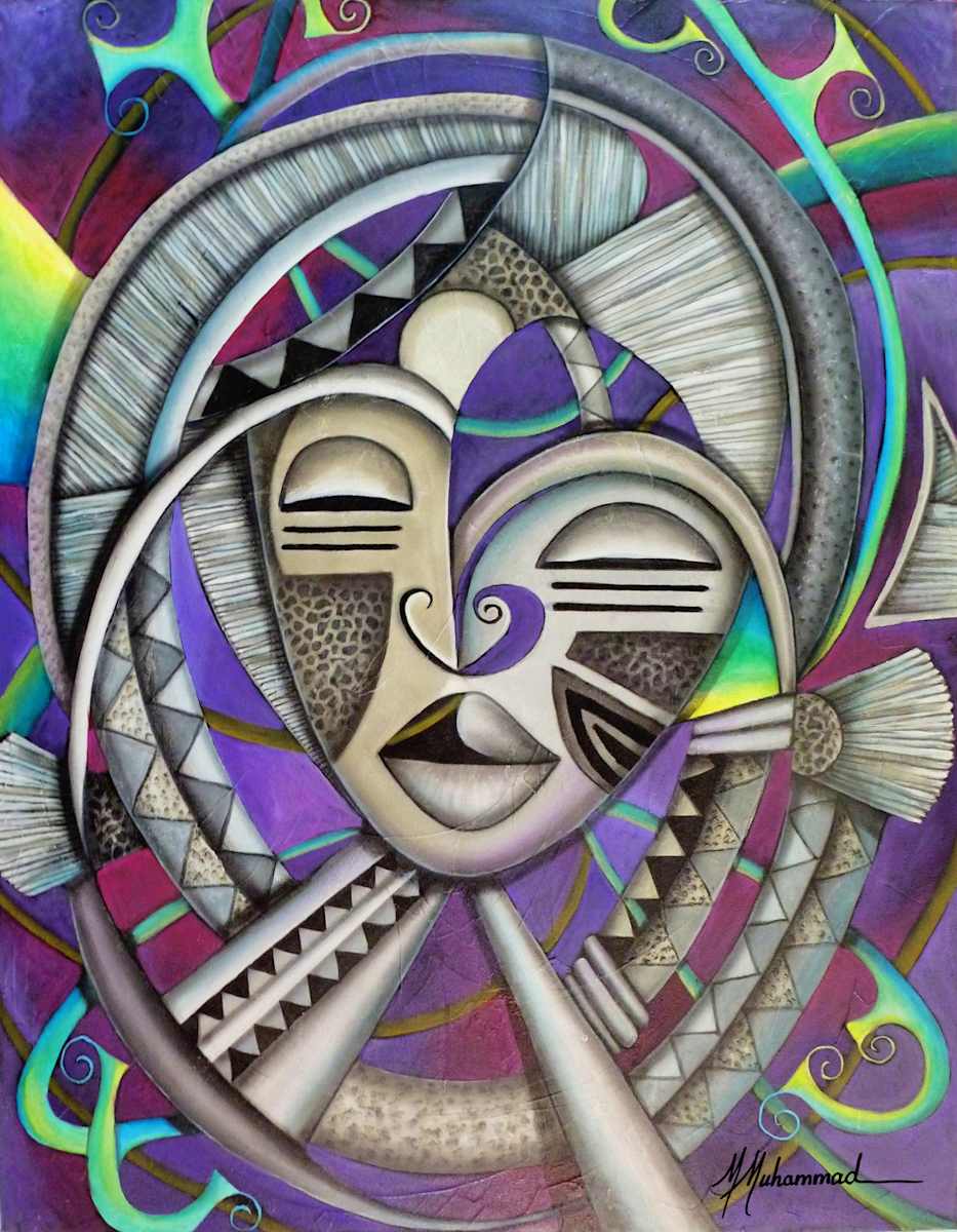 Maruvian Silver Mask IV by Marcella Hayes Muhammad  Image: Discover the captivating allure of an original oil on canvas painting by Marcella Hayes Muhammad. This stunning figurative abstract artwork features a striking silver mask inspired by Ethiopian craftsmanship and royalty, intricately surrounded by cultural motifs that celebrate heritage and tradition. The vibrant background, a harmonious blend of colors, symbolizes the universe's elements, inviting viewers to explore the depth and richness of this unique piece. Elevate your space with this extraordinary work of art that embodies both elegance and cultural significance.