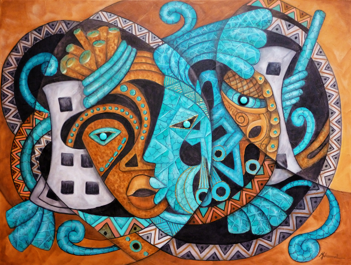 Maruvian Turquoise, Copper and Silver Masks by Marcella Hayes Muhammad  Image: I am influenced by ancient Mayan,  African and Japanese masks and how the stylistic elements can be combined to create a blend of textures, metals and stone. This painting took about a year to it's final stage. There are actual turquoise stones placed into the eyes as an enhancement to the essence of this painting. The most time consuming part of this painting is in the turquoise application with gold foil accents in the Mayan part of the mask.
