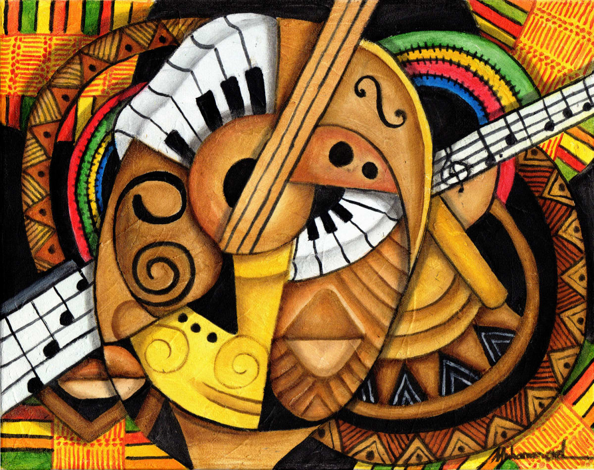 Music Festival by Marcella Hayes Muhammad  Image:  Elevate your space with this stunning abstract oil on canvas painting by Marcella Hayes Muhammad. This captivating artwork beautifully intertwines the essence of ancient musical instruments with the vibrant energy of modern musical elements, creating a harmonious composition that resonates with cultural depth. Perfect for music lovers and art enthusiasts alike, this piece not only enhances your decor but also sparks conversation and inspiration in any room. Transform your environment with this unique blend of tradition and contemporary artistry.