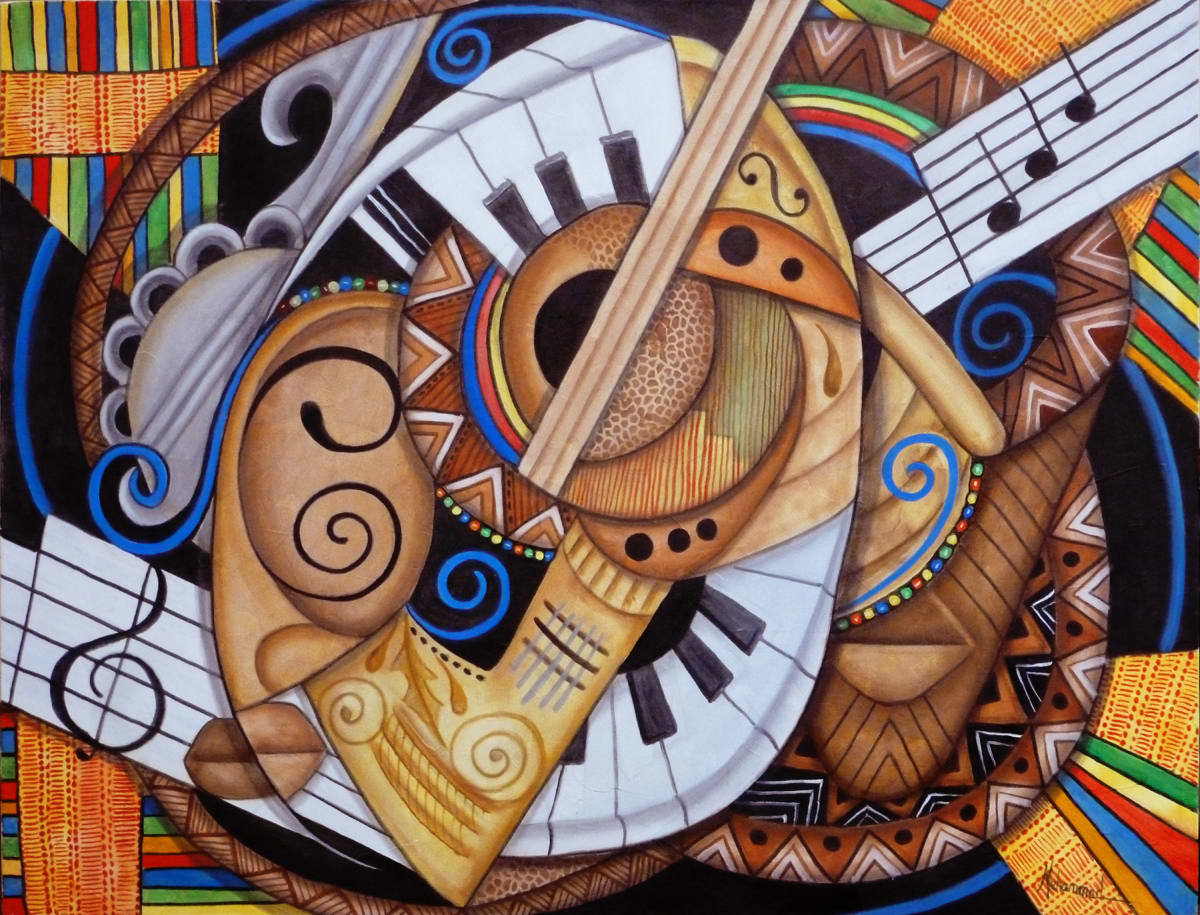 Musical Jamboree  Image: This Plastic Space abstract painting captures the relationship of ancient musical instruments to the contemporary blending with cultural elements.