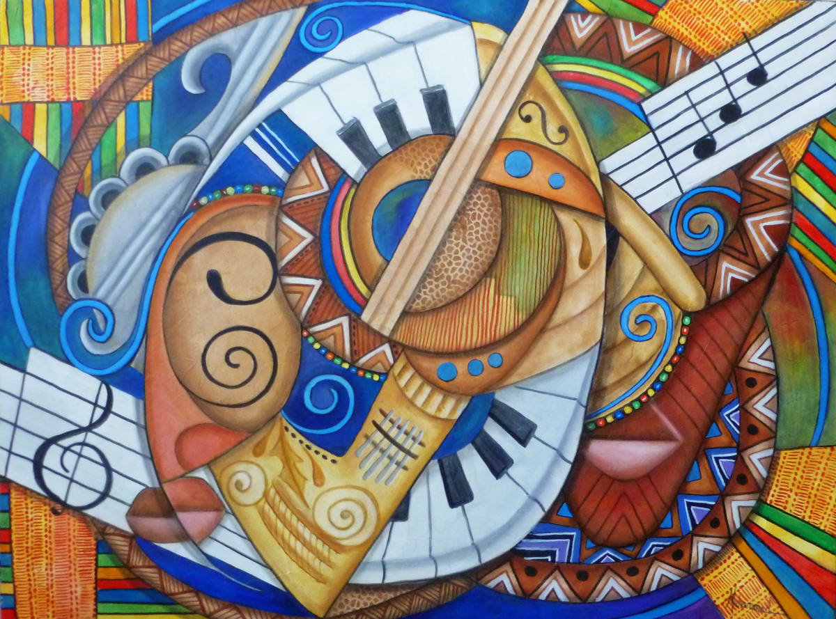 Musical Jamboree by Marcella Hayes Muhammad  Image: This captivating abstract painting by Marcella Hayes Muhammad intricately weaves together ancient and contemporary musical instruments, symbolizing their enduring relationship through vibrant colors and dynamic forms. The incorporation of musical notes enhances the visual rhythm, inviting viewers to explore the cultural elements that connect diverse musical traditions. This artwork serves as a striking conversation piece, perfect for any space that celebrates the fusion of art and music.