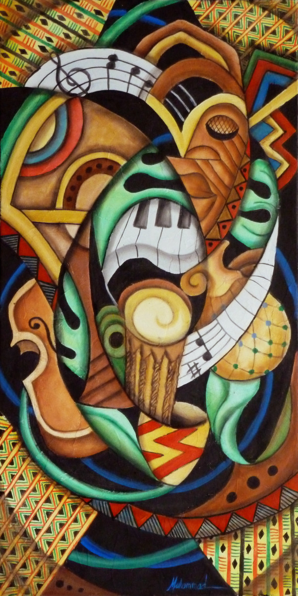 Musical Jazz by Marcella Hayes Muhammad  Image: Experience the vibrant fusion of culture and creativity with this stunning abstract painting by Marcella Hayes Muhammad. Featuring an array of musical instruments enveloped in rich African textiles, this original oil on canvas composition captures the essence of music's legacy through a dynamic Plasticism abstraction. The swirling forms and colors create a moving, breathing entity that invites viewers to explore the deep connection between art and sound, making it a perfect centerpiece for any space that celebrates creativity and cultural heritage. Elevate your decor with this unique piece that resonates with the rhythm of life.
