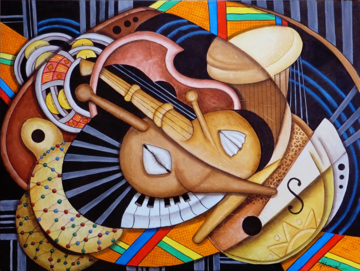 Nitty Gritty by Marcella Hayes Muhammad  Image: Bright colorful patterns of African fabric, ancient musical instruments combined with modern musical instruments abstracted together in my signature style of Plasticism creates a swirling combination that keeps the eye in constant motion of discovery.
