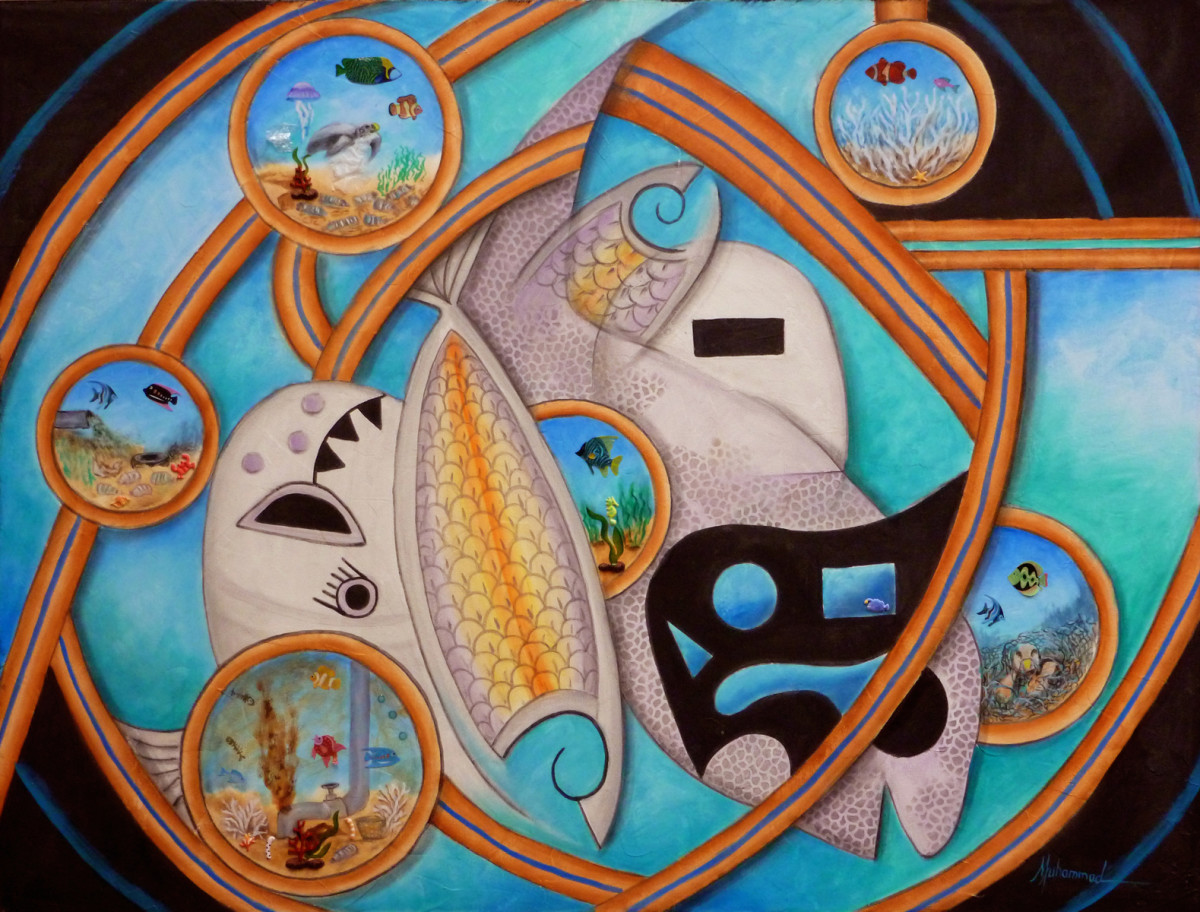 Ocean Spirit by Marcella Hayes Muhammad  Image: Discover the profound beauty and cultural significance of Marcella Hayes Muhammad's captivating painting, which intricately weaves traditional Inuit designs into a mesmerizing circular composition. Featuring iconic elements such as masks, whales, and fish, this artwork reflects the deep connection the Inuit people have with the Arctic Ocean, a vital source of sustenance and community pride. The surrounding ocean, depicted with delicate bubbles, serves as a poignant reminder of the environmental crises threatening our planet's waters and the life they support. Elevate your space with this thought-provoking piece that not only enhances your decor but also sparks conversation about the urgent need for ocean conservation.