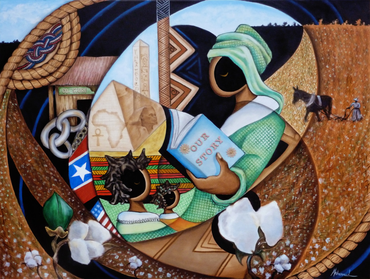 Promises by Marcella Hayes Muhammad  Image: This striking painting by Marcella Hayes Muhammad captures the enduring struggle for African American freedom through a powerful blend of abstraction and symbolism. The central figure, a Black educator, despite the threat of death, embodies the courage to impart true history and knowledge to the youth. At the same time, the surrounding imagery—hanging ropes, cotton bolls, chains, a mule and land, and the ominous Company Store—reflects the oppressive lies and broken promises faced by Black communities. The juxtaposition of cityscapes from ancient Egypt, Washington, DC, and Atlanta serves as a poignant reminder of the rich heritage and ongoing fight for justice. This artwork not only serves as a visual narrative but also as a call to acknowledge and confront the historical challenges that continue to shape the African American experience. Elevate your space with this thought-provoking piece that inspires dialogue and reflection.