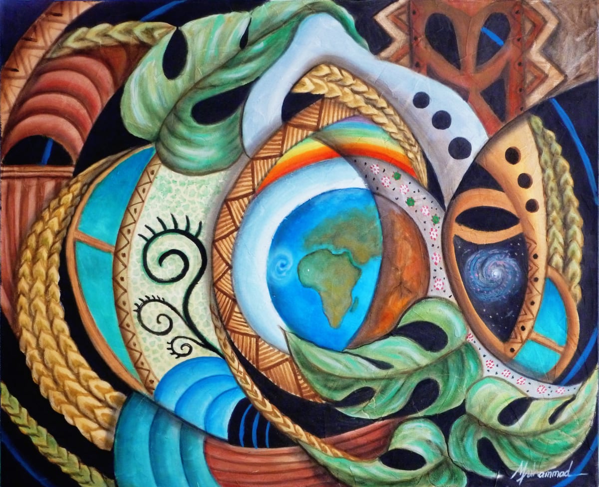 Preservation by Marcella Hayes Muhammad  Image: Due to climate change and other factors that directly affect our planet, this painting by Marcella Hayes Muhammad serves as a visual statement on the need for better conservation. This colorful abstraction reflects clean waters and healthy non-GMO plants flowing around planet Earth. The left side of Earth is vibrant, while the right side is tainted by neglect, drought, and disease spreading outward. This is our only home in the Milky Way, and the masks, representing the ancestors, are watching to see which way it will go. This painting is part of a conservation series.