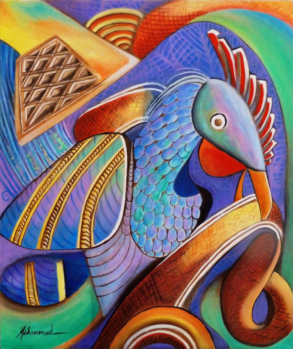 Rooster and the Snake by Marcella Hayes Muhammad  Image: This original and colorful painting, rendered in the unique style of abstraction called Plasticism by Marcella Hayes Muhammad, is inspired by the interaction of two Chinese zodiac signs. The Rooster's open and direct attitude matches the Snake's sharp and mysterious personality. This combination creates a balanced, trustful, and understanding relationship. They go through a journey together, marked by mutual growth of each other's perspectives and sparked curiosity for knowledge and self-discovery.