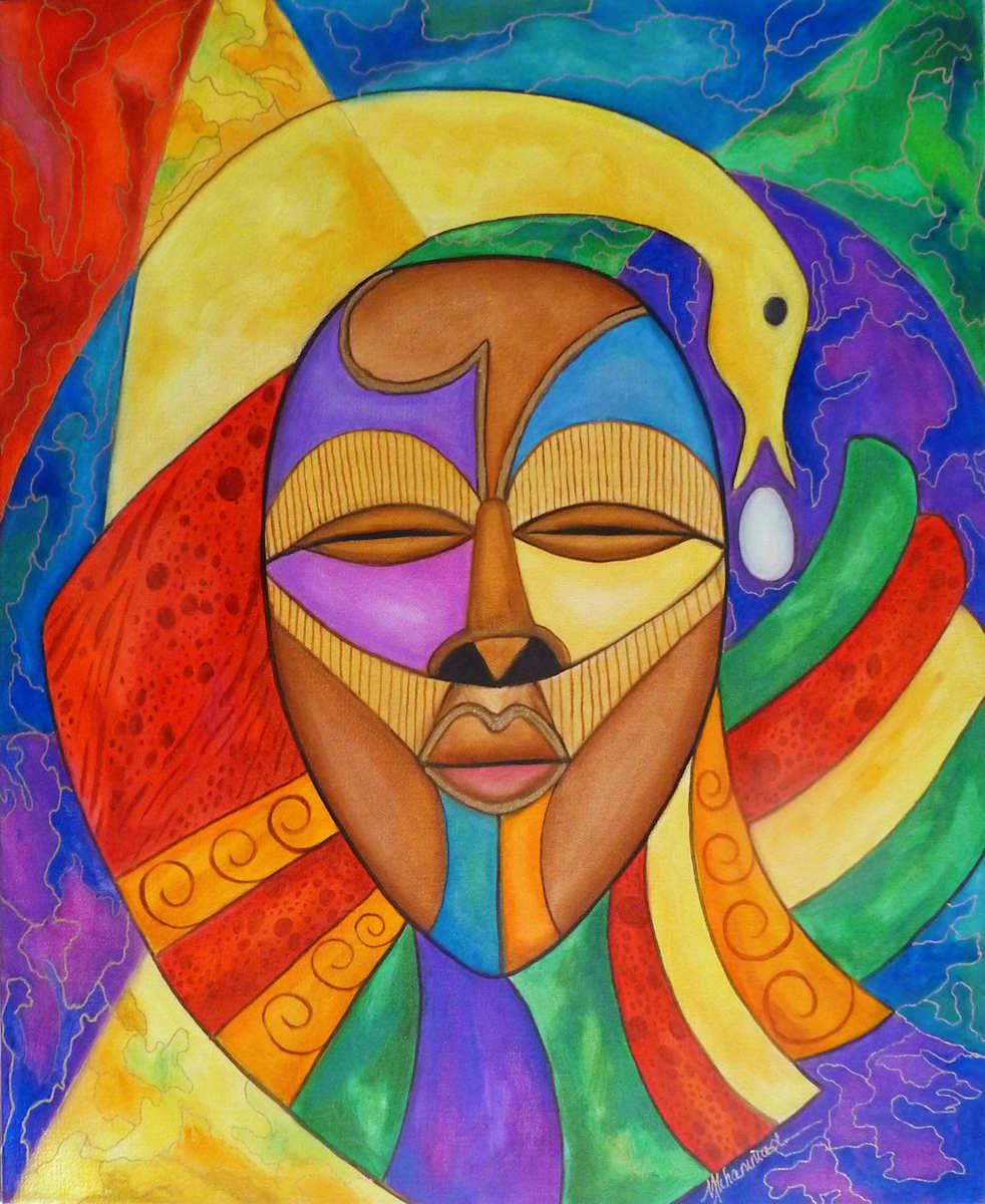 Sankofa Mask by Marcella Hayes Muhammad  Image: This captivating painting by Marcella Hayes Muhammad features a mask with a vibrant, colorful face, symbolizing the richness of cultural identity. Central to the artwork is the Sankofa bird, a profound emblem that encourages viewers to look back at their history to inform their future. The inclusion of a stylized African mask further enhances the piece, paying tribute to ancestral heritage and inviting contemplation on the importance of roots in shaping one's path forward.