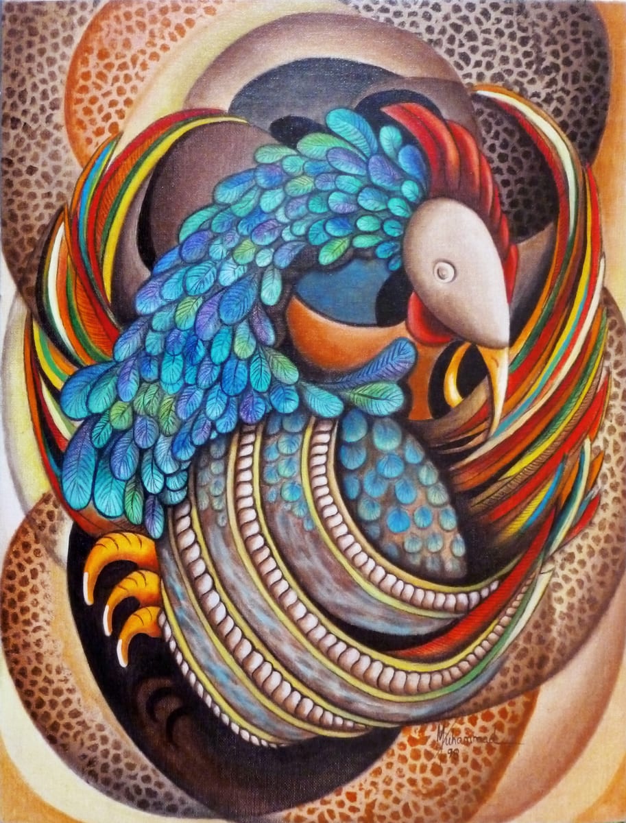 Sankofa by Marcella Hayes Muhammad  Image: Introducing: "Sankofa," a 16"x 20" oil on canvas. The Sankofa bird appears frequently in traditional Akan art and has also been adopted as an important symbol in the African-American and African Diaspora contexts to represent the need to reflect on the past to build a successful future. I challenged myself to represent this tradition using my signature style of Plasticism. By taking artistic license, I abstracted the bird to create a flurry of motion, and the background represents the chicken wire enclosure, highlighting the lack of freedom that Black people experience in many ways. 