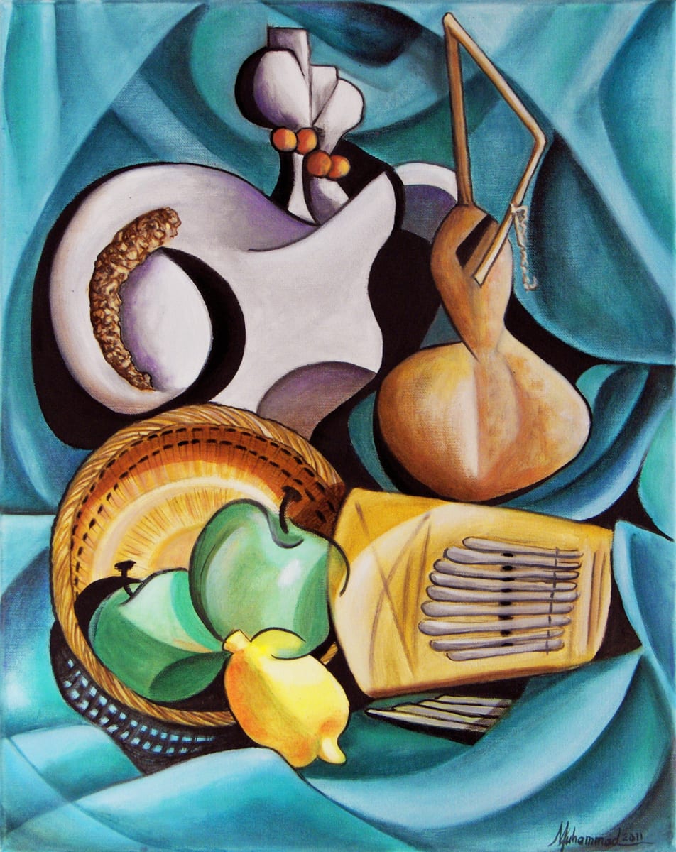Still Life With Gourd by Marcella Hayes Muhammad  Image: This exquisite still life by Marcella Hayes Muhammad showcases her distinctive Plasticism style, masterfully blending abstraction with realism. The composition features a harmonious arrangement of a fruit, vase, gourd, and thumb piano, all illuminated by a captivating interplay of light and shadow. Each element is meticulously crafted, inviting viewers to explore the intricate details and textures that define this artwork. Muhammad's innovative approach not only highlights the beauty of the objects but also evokes a sense of rhythm and harmony, reminiscent of the musical instrument at the center of the piece.