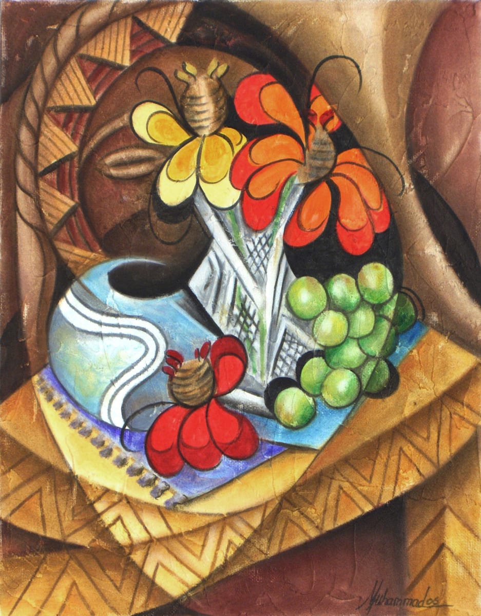 Summer Zinnias by Marcella Hayes Muhammad  Image: Elevate your space with this exquisite still life oil painting by Marcella Hayes Muhammad, featuring a vibrant vase of summer zinnias alongside luscious grapes. Inspired by the beauty of a garden in full bloom, this abstract masterpiece captures the essence of nature's bounty, while the thoughtfully incorporated cultural elements in the background add depth and character. Perfect for any art lover, this piece not only enhances your decor but also invites a sense of tranquility and warmth into your home.