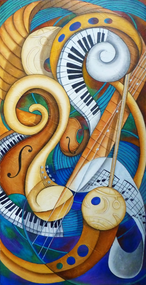 The Back Beat by Marcella Hayes Muhammad  Image: 1. Experience the captivating essence of music through this abstract painting by Marcella Hayes Muhammad, showcasing a unique Plasticism style that immerses viewers in a rhythmic journey.

2. The artwork features the ancient Njarka instrument, symbolizing the foundational backbeat, while a harmonious blend of stringed instruments, including the piano, bass, violin, and guitar, creates a vibrant musical symphony that transcends time.

3. Originating from West Africa, the Njarka's historical significance as a precursor to the modern banjo is beautifully represented, inviting viewers to explore the deep-rooted connections between past and present musical traditions.

4. This painting not only celebrates the rich cultural heritage of Senegal, Gambia, and Guinea Bissau but also embodies the dynamic flow of sound, making it a striking addition to any art collection.

This painting is the first of a series of musical pieces inspired by my exhibition at the Hammonds House Galleries in Atlanta, Georgia and possibly a traveling show later on. The theme of the show is to be "From Songhai to Symphony Hall". As I researched to find out a bit about music in the Songhai people of Africa, I discovered that it was once the greatest empire in all of Africa and greatly influenced by Islam. The music is centered from one particular instrument called a Njarka. It is a large gourd with a small hole carved into it and attached by a long neck with one string. This instrument is used to center the basic beat of all other instruments that were used in the development of music in the Songhai region.
I took about three weeks to sketch out the idea after a week of research using only graphite to get the abstraction and balance right. I transferred the sketch to the canvas and began to add the oil colors. This took another three weeks until I was satisfied with the composition and balance if light and dark to keep the eye moving around the painting. 
