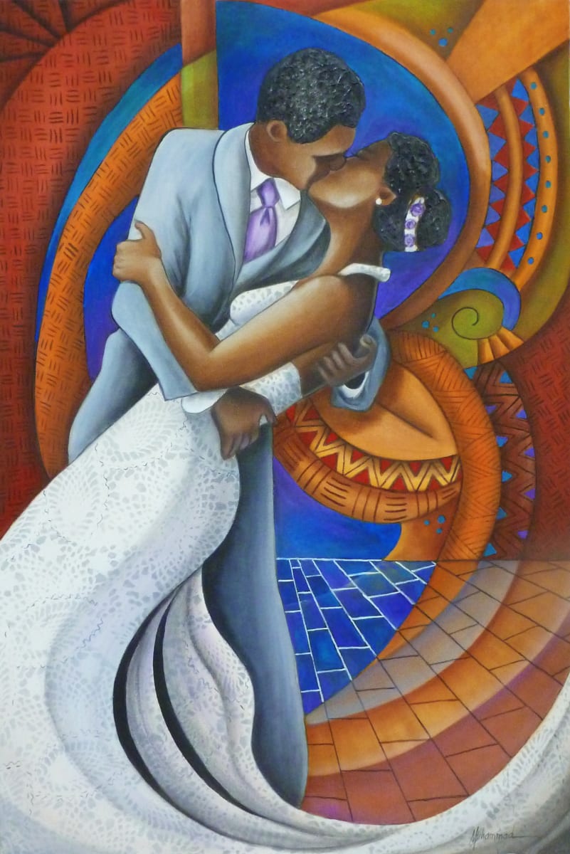 The Kiss by Marcella Hayes Muhammad  Image: This exquisite painting by Marcella Hayes Muhammad captures the essence of love through the depiction of a couple kissing, set against a vibrant and culturally rich background. The artwork's abstract elements enhance the emotional depth of the scene, inviting viewers to immerse themselves in the eternal kiss that symbolizes passion and connection. The colorful backdrop not only complements the intimate moment but also reflects diverse cultural influences, making this piece a striking addition to any art collection.