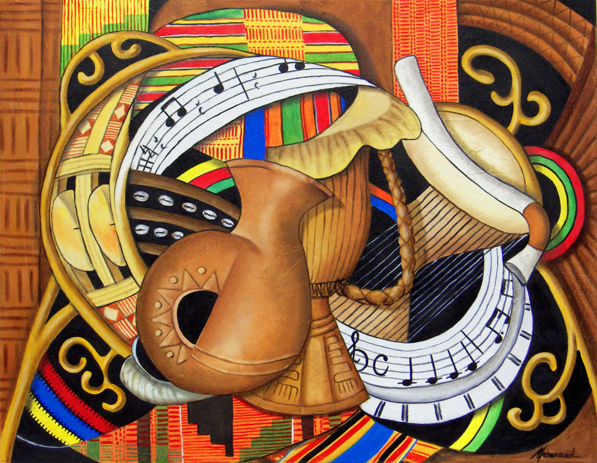 Sound of Soul Percussion by Marcella Hayes Muhammad  Image: I have used my signature style of Plastic Space™ to capture the syncopation of the music in this painting. The musical notes indicate the basic rhythm of the modern drum and that of the clave pattern found in African, Cuban and Brazilian music. I have incorporated the different kinds of percussion instruments. Ancient ones from Africa to the modern instruments of America are included. The ancient Udu Clay Pot Drum sits in front as a precursor to the future of drums. The Djembe drum, the African Talking drum, the Tambourine, the shells of a shaker, and the snares of a modern snare drum all are woven together in a tapestry of movement. The Kente cloth ties this rhythmic session together setting the tone of the jazzy colors that interact with one another.