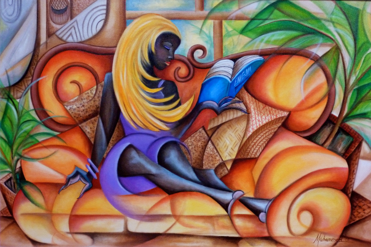 Enigma by Marcella Hayes Muhammad  Image:  Discover the profound beauty of "Enigma," a captivating painting by Marcella Hayes Muhammad that invites reflection on identity and self-worth. This striking artwork features a woman seated on a couch, engrossed in a book that shares its title with the piece itself. Through her portrayal, Muhammad addresses the societal pressures faced by young black women, who often feel compelled to adopt superficial appearances to gain recognition. The serene yet contemplative expression of the subject serves as a poignant reminder of the journey toward self-discovery and authenticity. Elevate your space with this thought-provoking piece that not only enhances your decor but also sparks meaningful conversations about true beauty and self-acceptance.