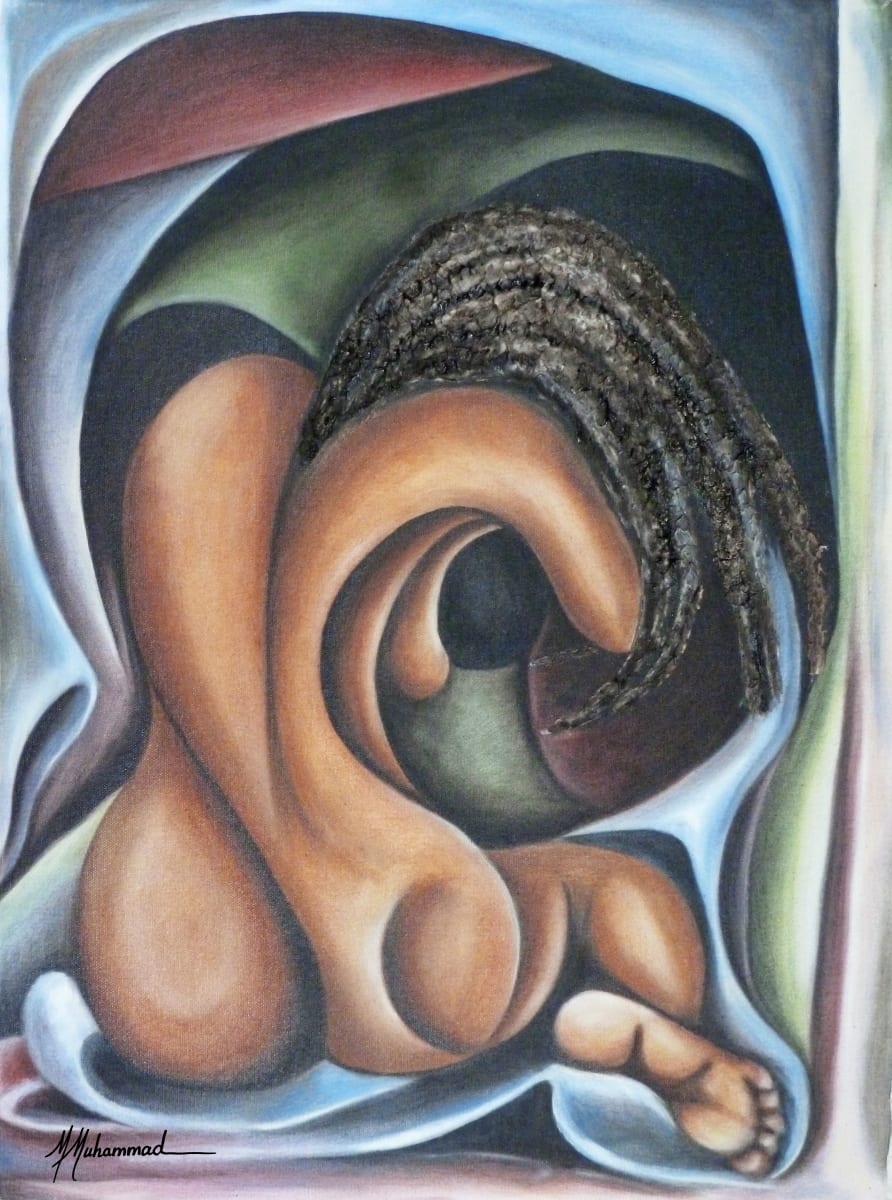 Nude With Braids by Marcella Hayes Muhammad  Image: This original was an early piece and the beginning of using figures in my Plastic Space style. The use of drapery in the background evolved into using elements of masks and other cultural images in tribute to my ancestors.