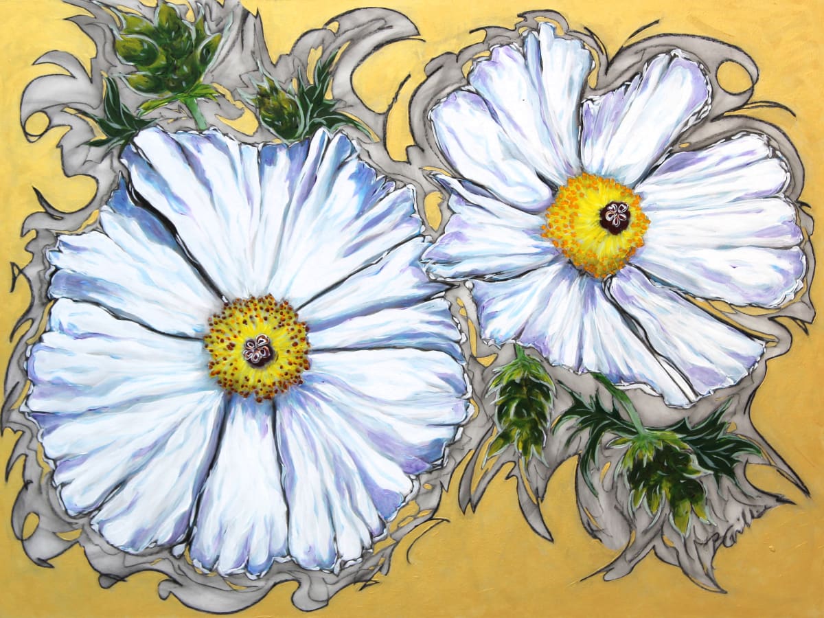 Is and Is To Come by Brenda Gribbin  Image: Two white poppies on a golden background.