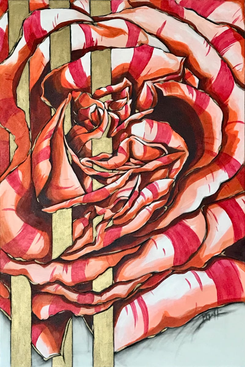 Stripes by Brenda Gribbin  Image: Variegated red and pink rose pierced by three bronze vertical bars
