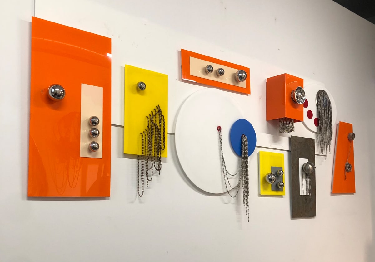 Moderne  9 pc Installation  Image: Colorful  acrylic and industrial ball chain 9 pc wall installation   shown at  112"w x 42"h  x 8"d