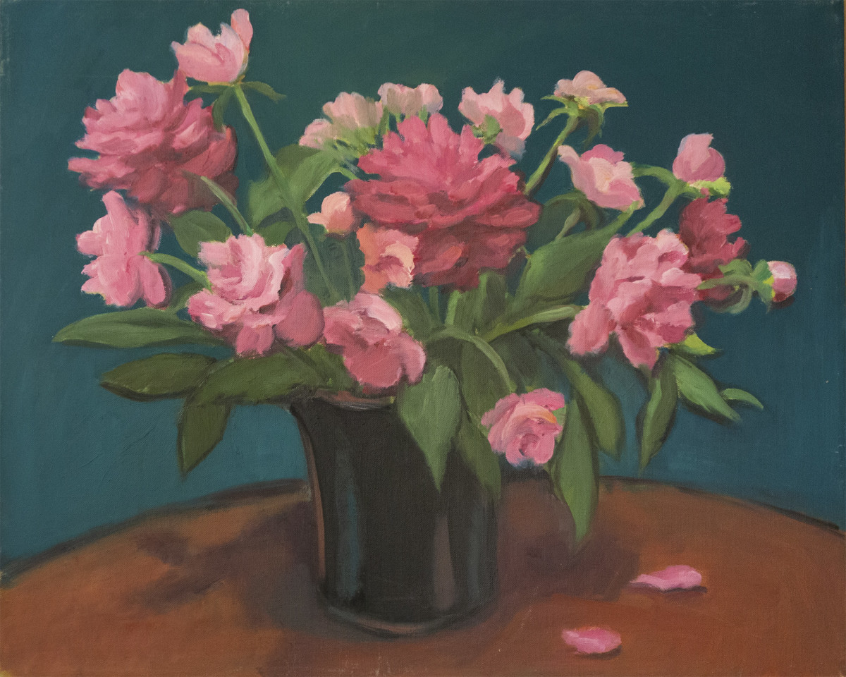 Untitled #309 (Pink Flowers with Turquoise Background) by Pat Ralph 