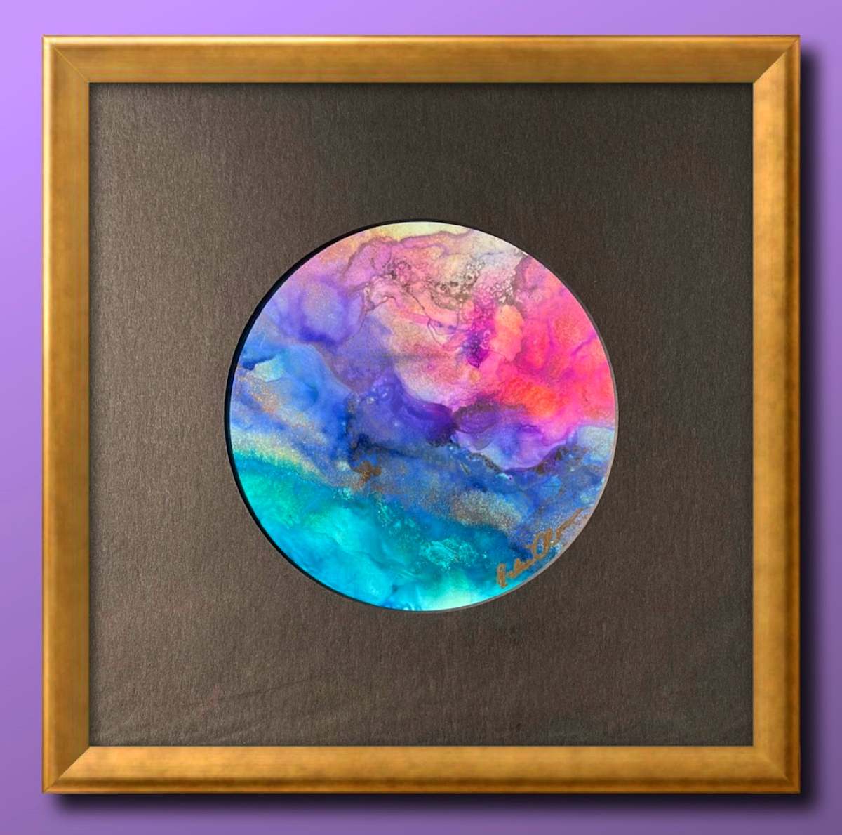It is what it is, right? by Julie Olson  Image: Circle painting, matted in 12’ x 12’ black, gold frame