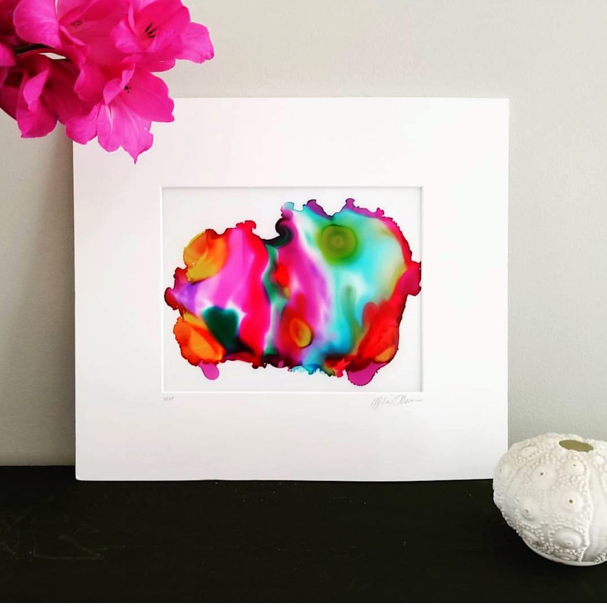 Ink experiment 2017 by Julie Olson  Image: One of my earliest paintings. Alcohol ink on Dura-Lar translucent film with white backing, matted. 12” x 9”. 