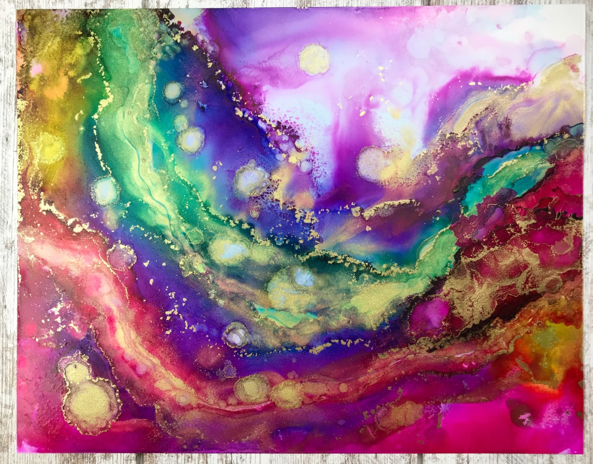 Carrie AF  Inspired no. 1 by Julie Olson  Image: Painting inspired by friend with funny initials. Alcohol inks on Yupo Synthetic. Paper, 11 x 14”, 16 x 20 mat. 