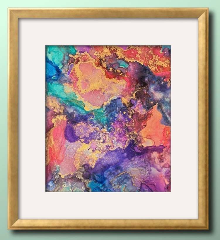 If you are anxious, you should see the other guy by Julie Olson  Image: Abstract artwork using alcohol inks and holographic inks. 8 x 10 framed. First shown at The Capital Gallery, Bismarck, ND, Wild Things exhibit, March-April 2024. Sold at Pekin Days, June 2024.