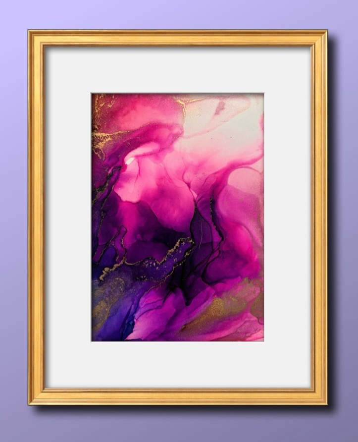The smoke gets in your eyes, natch by Julie Olson  Image: Framed 5 x 7 painting, done in pinks, purples, and blue shades with subtle gold metallic. Created for The Capital Gallery, Bismarck ND, for Wild Things show, March April 2024. Currently shown at UND Columbia Hall show, starting November, 2024. 