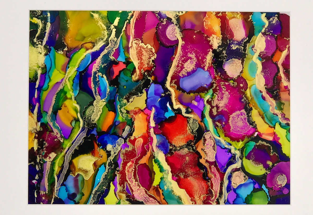 Crazy Color Painting by Julie Olson  Image: Using many of the few ink colors i had at the time, this alcohol ink on Dura-Lar translucent film painting in the early days of my ink exploration, 2017, 9 x 12”