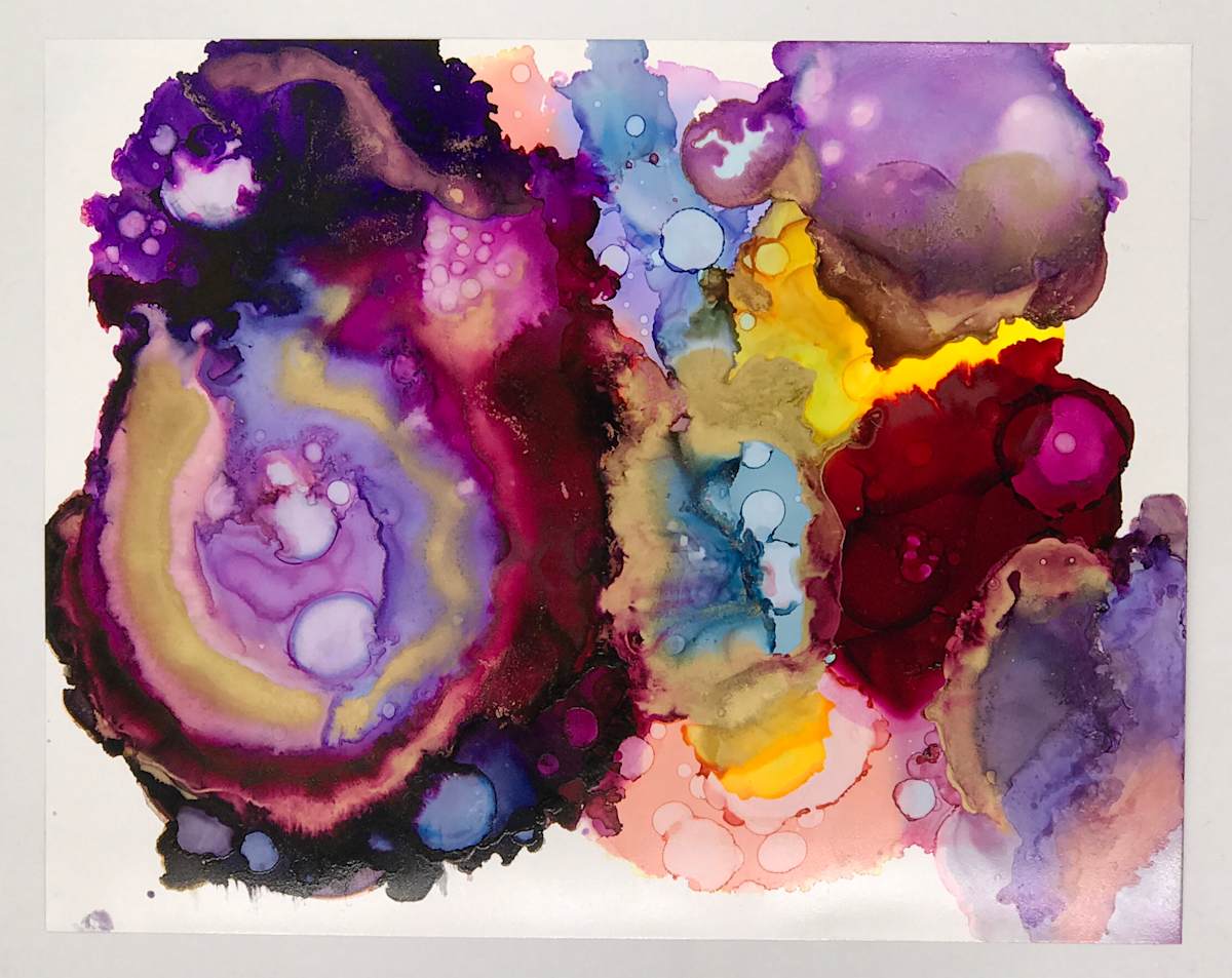 Angry Paint by Julie Olson  Image: Using dissonant colors of alcohol ink on yupo synthetic paper, 11 x 14”, 2019. This painting was done quickly by grabbing, at random, different inks. Gifted to Friend, 2019. 