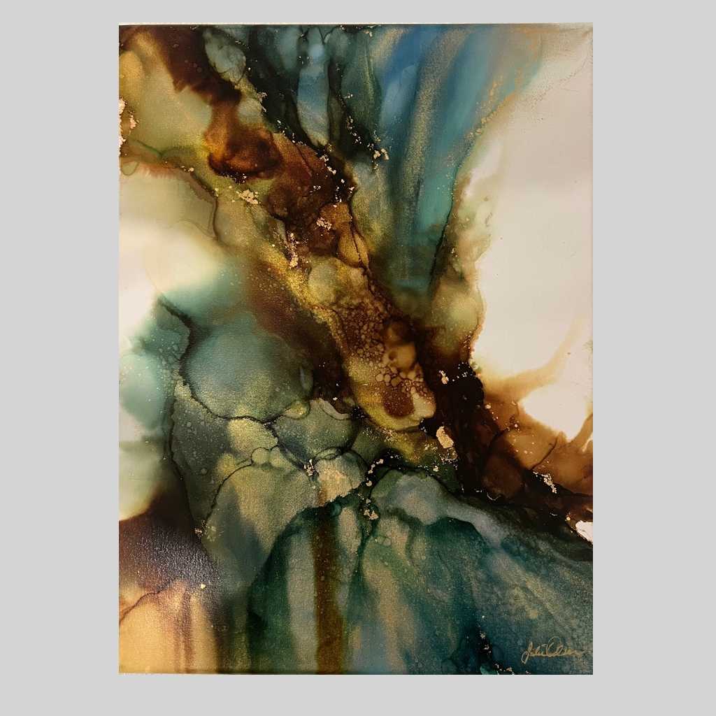 A dark, satiric sensibility by Julie Olson  Image: Abstract painting in earth tone colors, Alcohol ink on Canvas, 12 x 16. Created for The Capital Gallery, Bismarck ND, in Wild Things exhibit, March-April 2024. Currently shown in Creative Forces show, UND Columbia Hall. 
