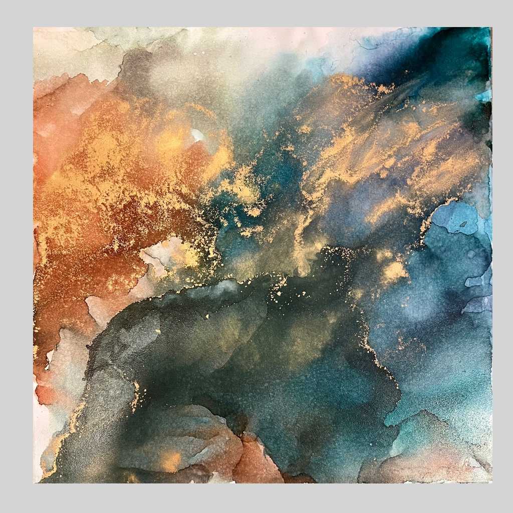 Un retour aux sources, vie sans artifices by Julie Olson  Image: Alcohol ink on Canvas, 18’ x 18’, deep gallery canvas, unframed. Created for The Capital Gallery, Bismarck ND, in Wild Things Exhibit, March-April 2024. Currently being shown at Arts for Vets, Grand Forks Art Center, 2025.