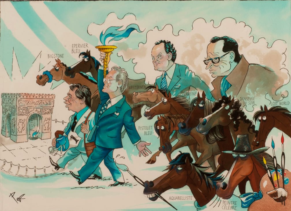 Elie Lellouche (far left) and Daniel, Guy and Alec Wildenstien, plus the horses Bigstone, Epervi... by Pierre "Peb" Bellocq 