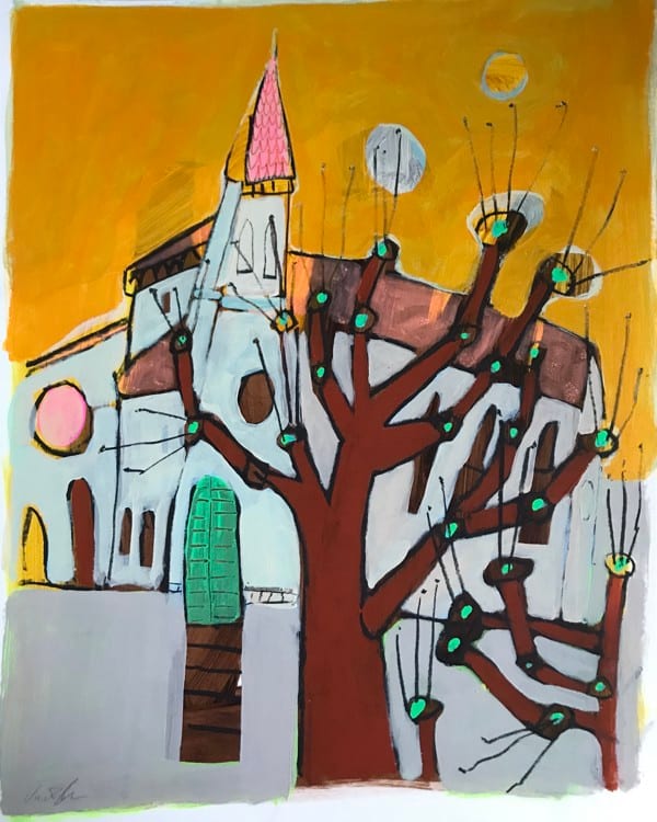 Une église avec une porte verte by Rachael Van Dyke 