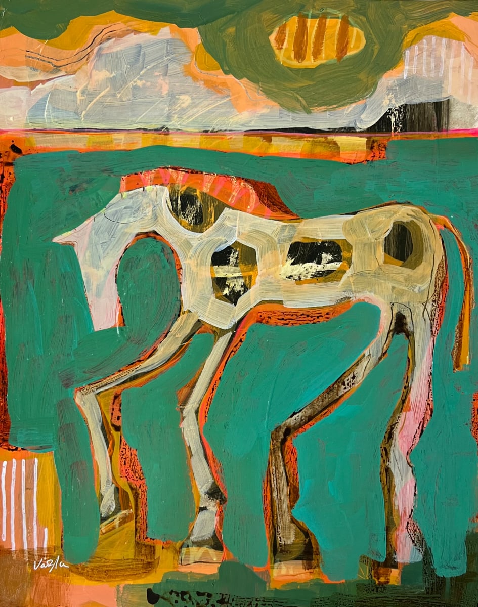 Pinto Horse in Aqua Field by Rachael Van Dyke 