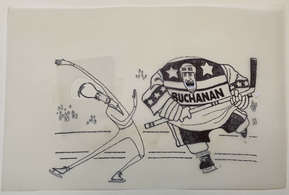 Bush Sr.  on Skates vs Obstructor Buchanan by Steve Kelley  Image: Original Ink Drawing on Velum included is set price or separately for $800