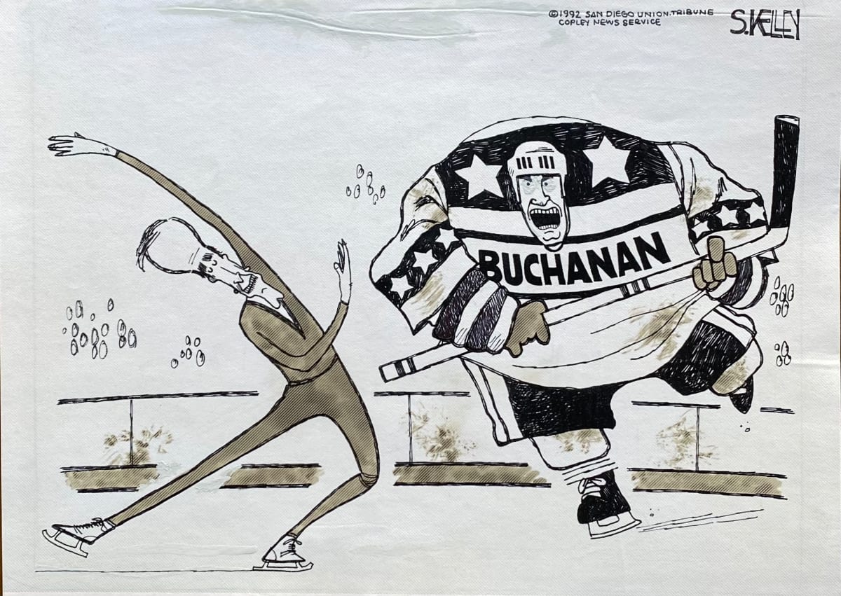 Bush Sr.  on Skates vs Obstructor Buchanan by Steve Kelley  Image: Final for Press