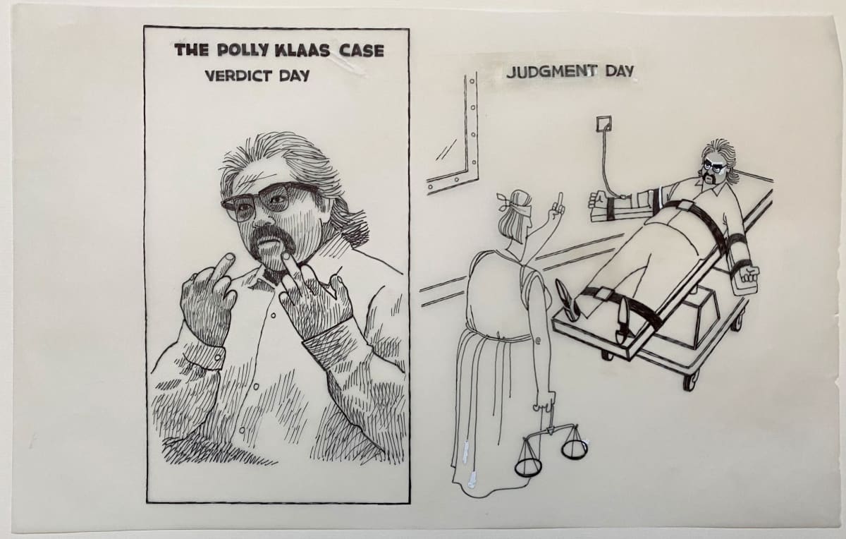 #LadyJustice gives the finger to Polly #Klaas Killer by Steve Kelley  Image: Original Ink Drawing on Velum included is set price or separately for $800