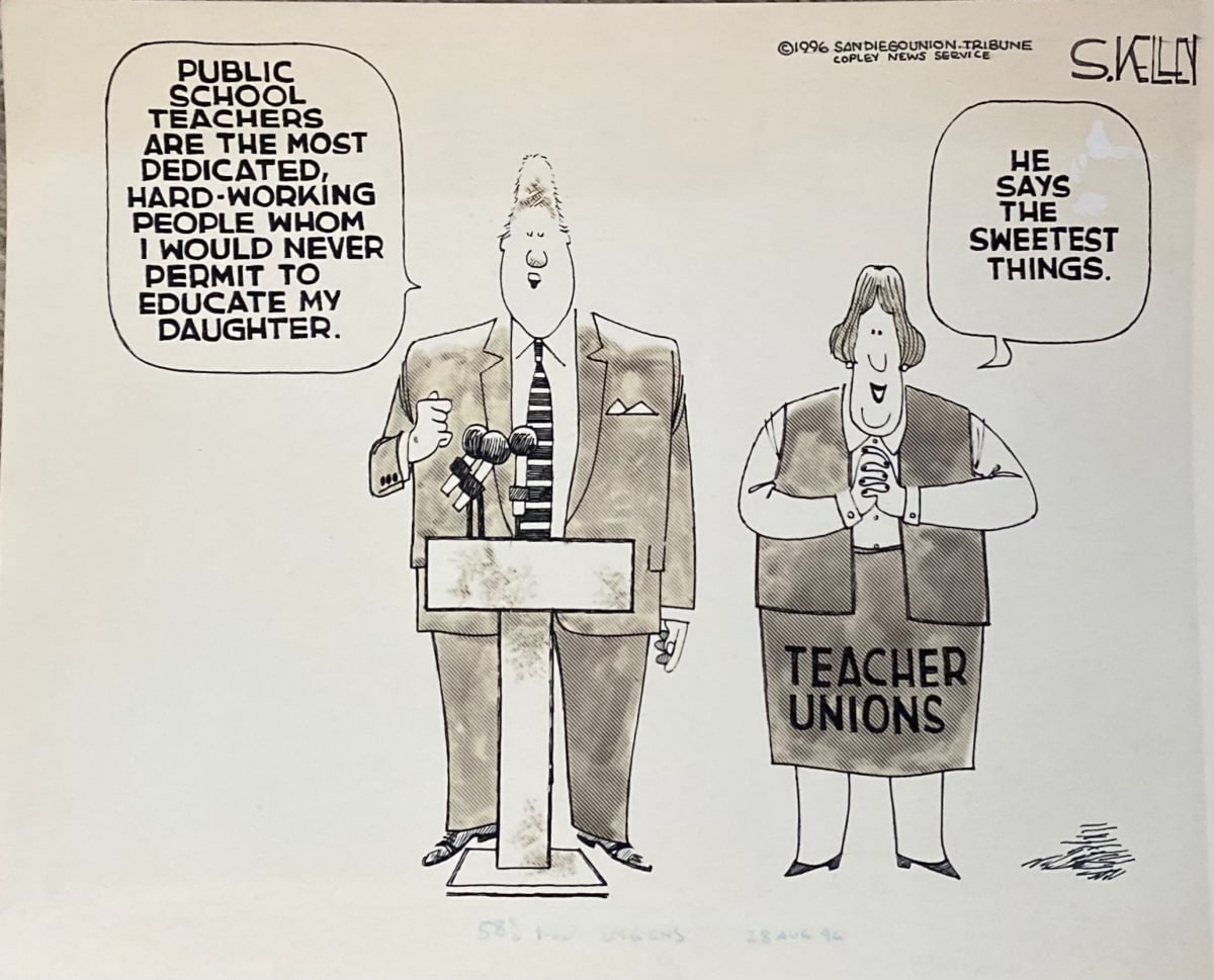 Clinton Double Talk to Appease #TeachersUnion by Steve Kelley  Image: Final for Press