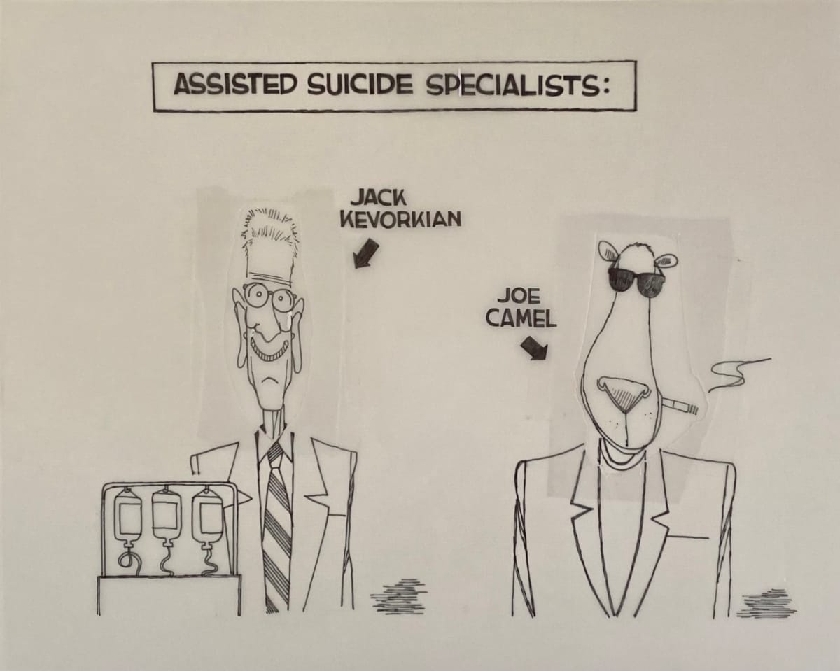 Assisted #Suicide Specialist #Kevorkian and Joe Camel by Steve Kelley  Image: Original Ink Drawing on Velum included is set price or separately for $800